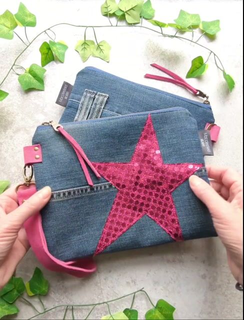Recycled Denim Clutch Bag with Vibrant Pink Star and Detachable Suede Strap - Video